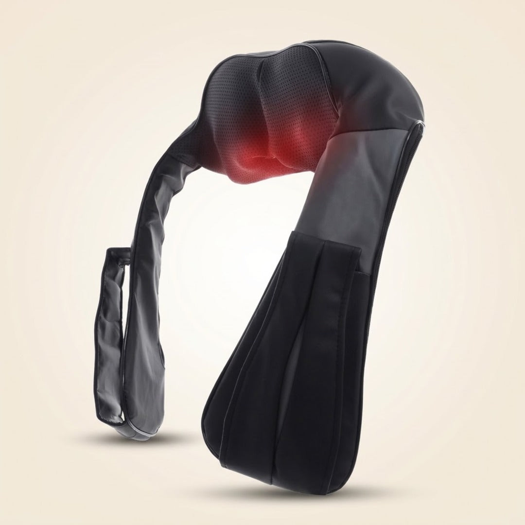 Colete massageador shiatsu preto para pescoço e ombros, em fundo off-white