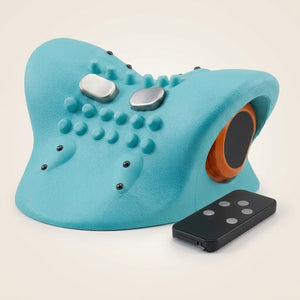 Massageador cervical 4 em 1 azul com controle remoto, em fundo off-white