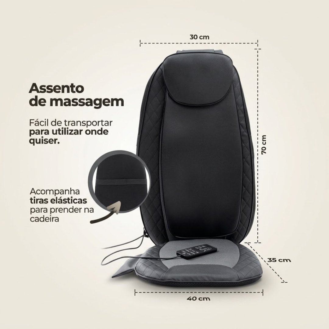 Medidas do RelaxSeat™ e as tiras elásticas para prender na cadeira