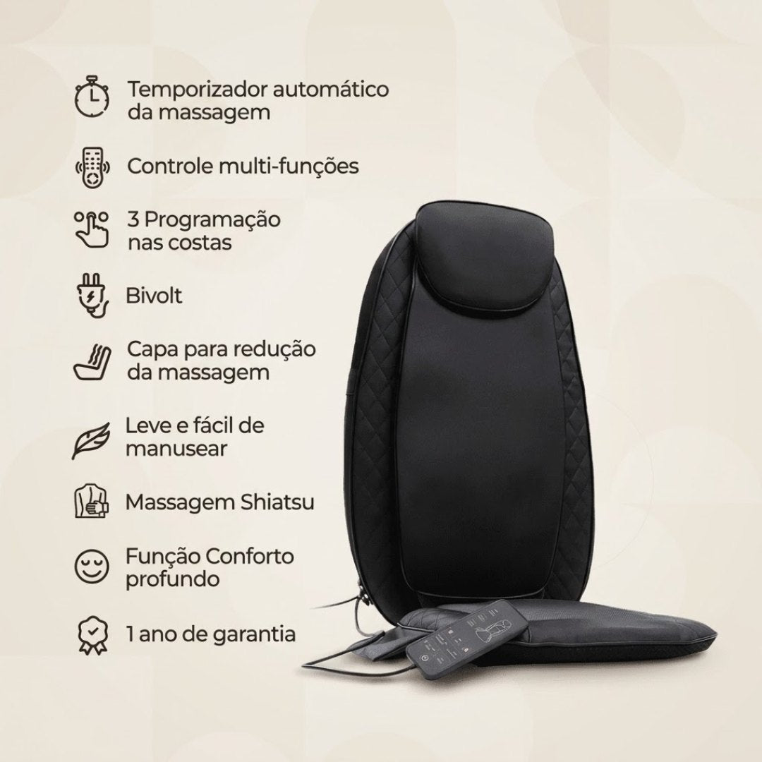 RelaxSeat™ assento massageador preto com a lista de recursos, como timer, controle e 3 programas