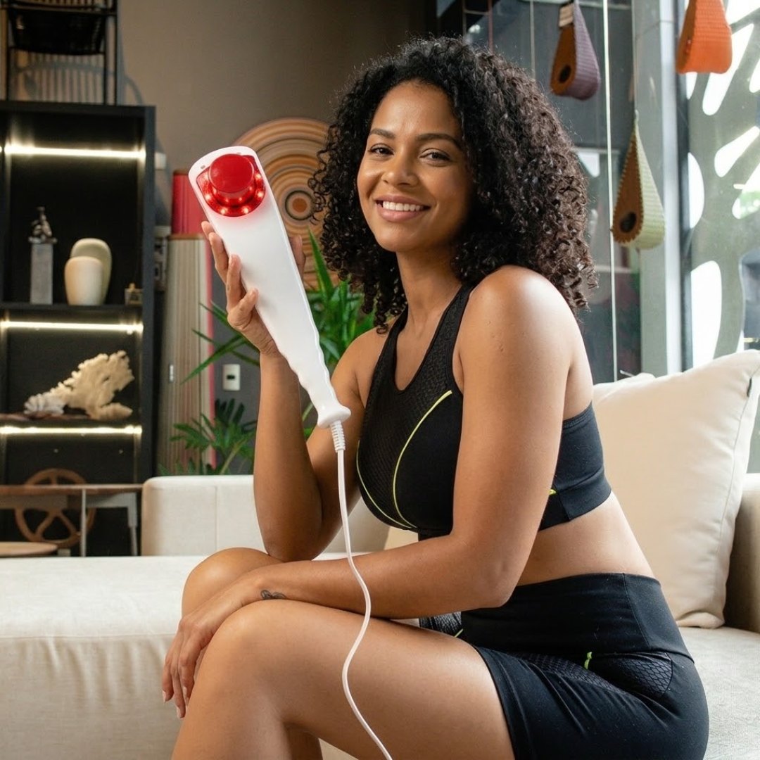 Mulher parda sorrindo com o massageador RelaxTouch™