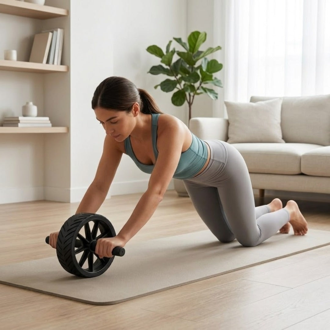 Mulher fazendo exercício com roda abdominal no tapete da sala