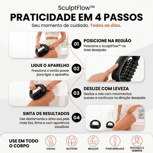 Como usar o SculptFlow em 4 passos: posicione, ligue, deslize e sinta os resultados, com uso em coxas, glúteos, braços, panturrilhas, pescoço e ombros