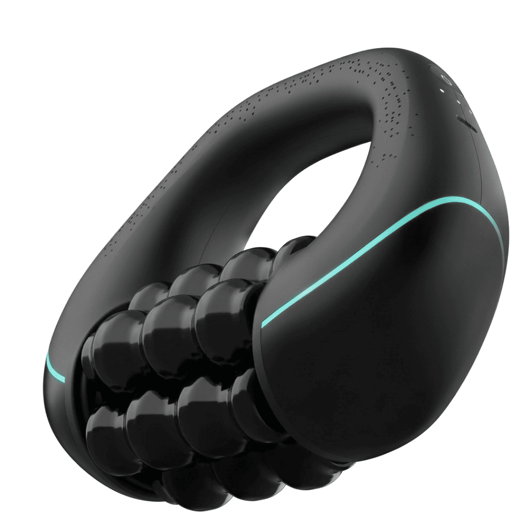 Massageador anticelulite SculptFlow preto com rolos de esferas e detalhe em luz azul-turquesa, em fundo branco