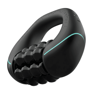 Massageador anticelulite SculptFlow preto com rolos de esferas e detalhe em luz azul-turquesa, em fundo branco
