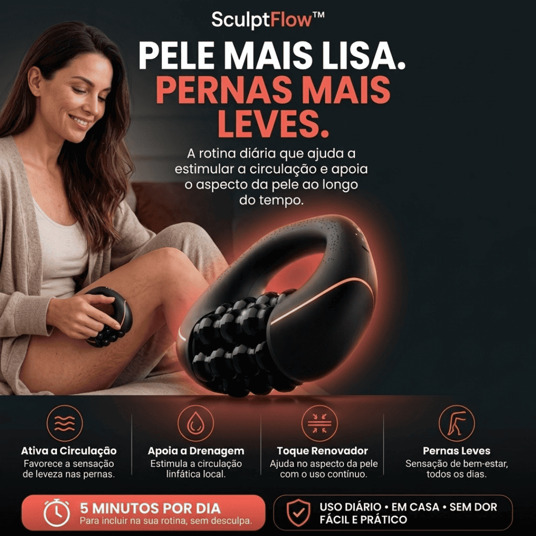 Mulher sorrindo usando o SculptFlow na perna, com os benefícios ativa a circulação, apoia a drenagem, toque renovador e pernas leves