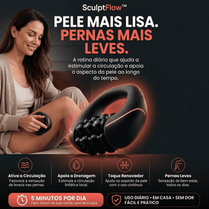 Mulher sorrindo usando o SculptFlow na perna, com os benefícios ativa a circulação, apoia a drenagem, toque renovador e pernas leves