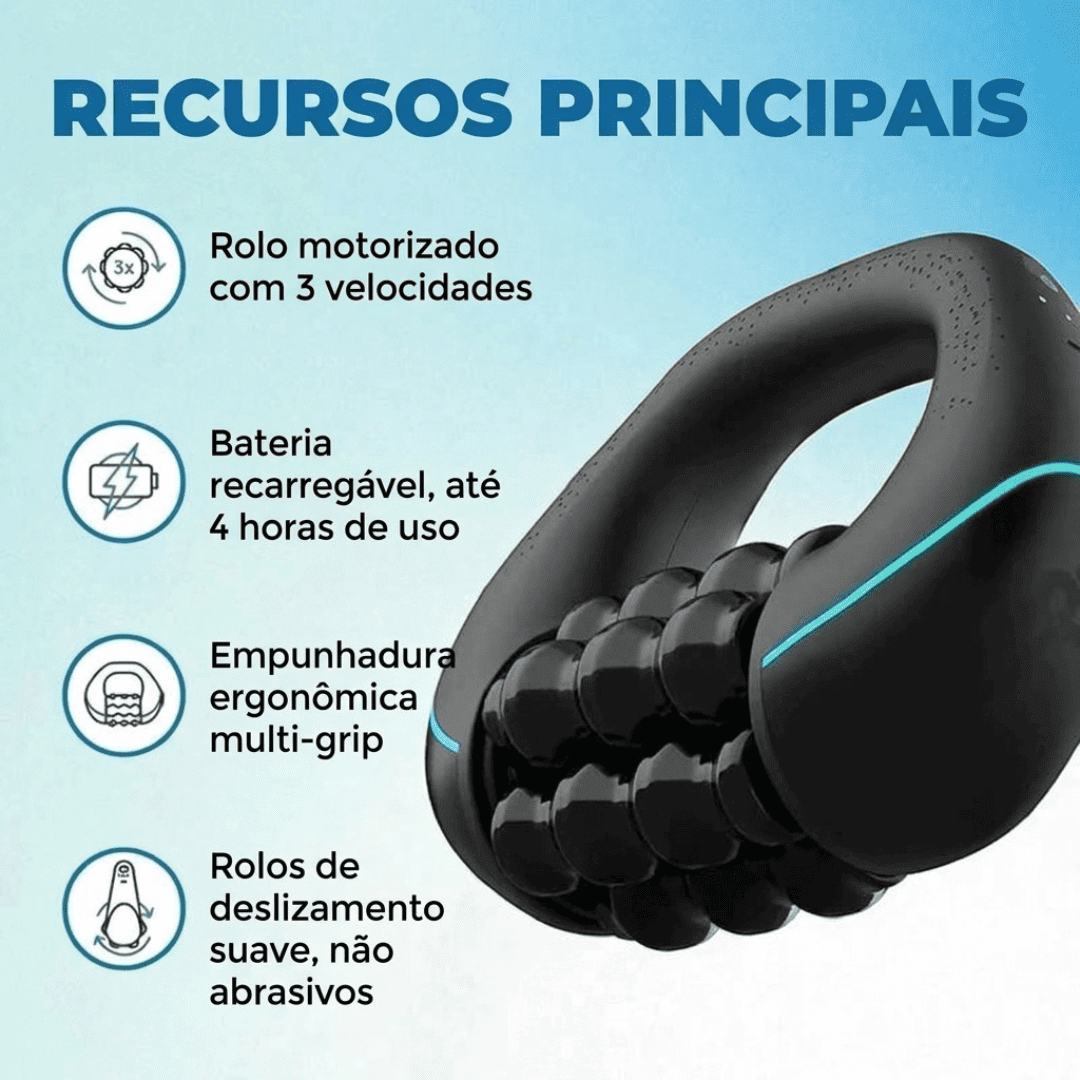 Recursos do SculptFlow: rolo motorizado com 3 velocidades, bateria recarregável com até 4 horas de uso, empunhadura ergonômica e rolos não abrasivos