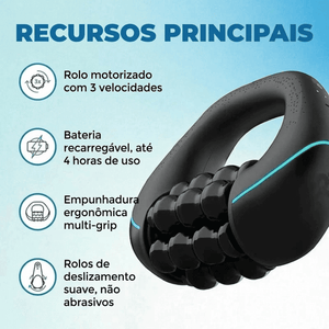Recursos do SculptFlow: rolo motorizado com 3 velocidades, bateria recarregável com até 4 horas de uso, empunhadura ergonômica e rolos não abrasivos