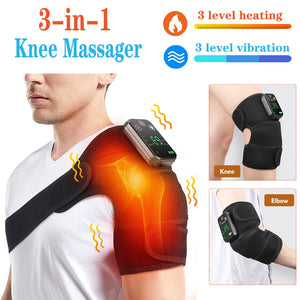 Homem usando o massageador térmico TermoRelax no ombro, com detalhes de uso no joelho e no cotovelo