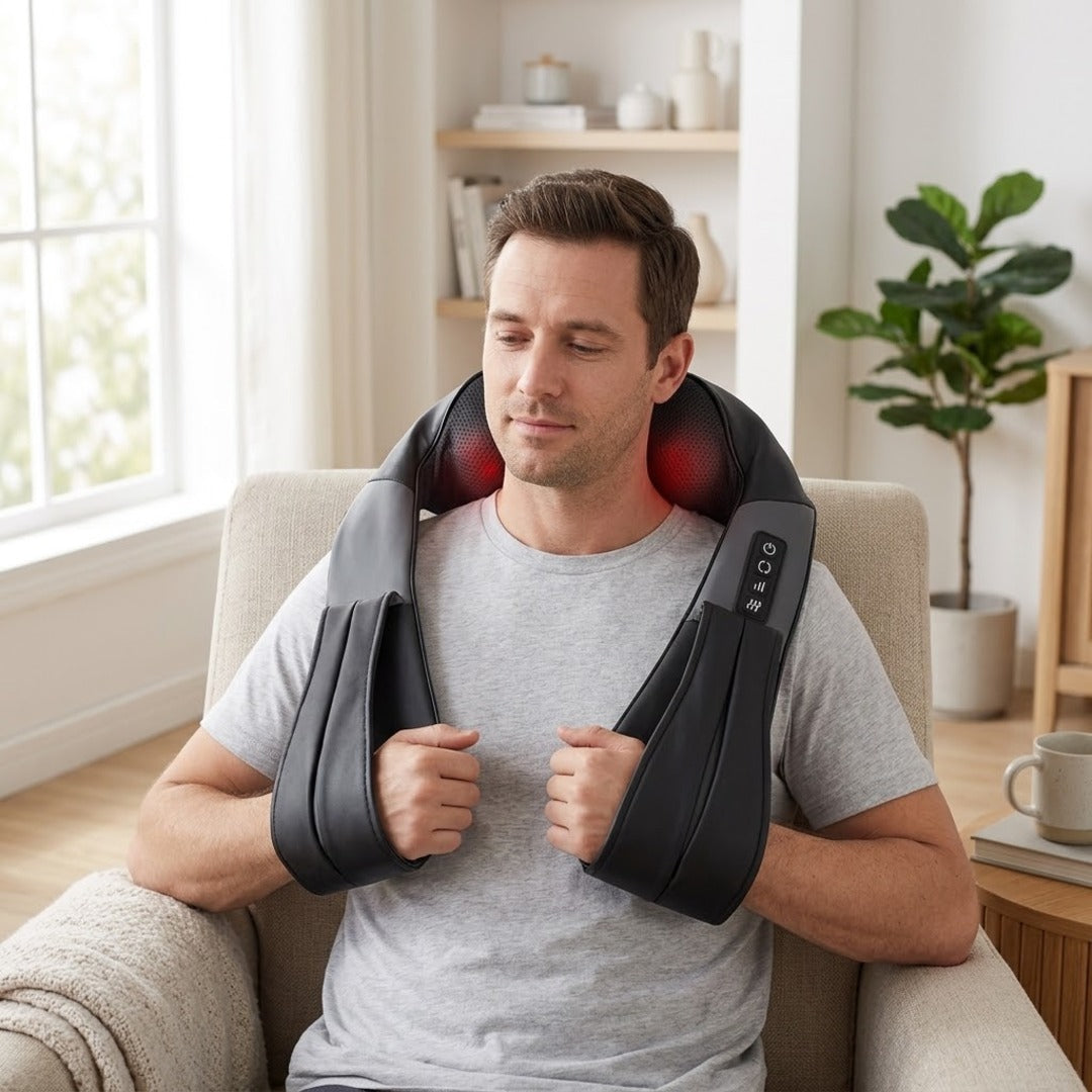 Homem usando colete massageador shiatsu no pescoço e ombros sentado na poltrona